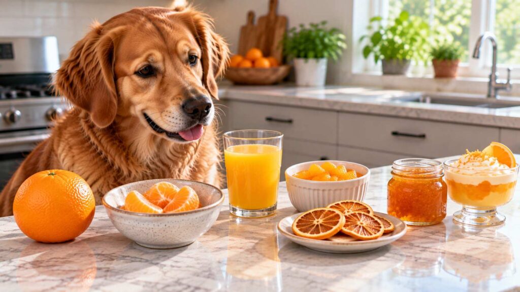 Dog beside fresh peeled orange, orange juice, canned mandarins, dried orange and processed orange foods.