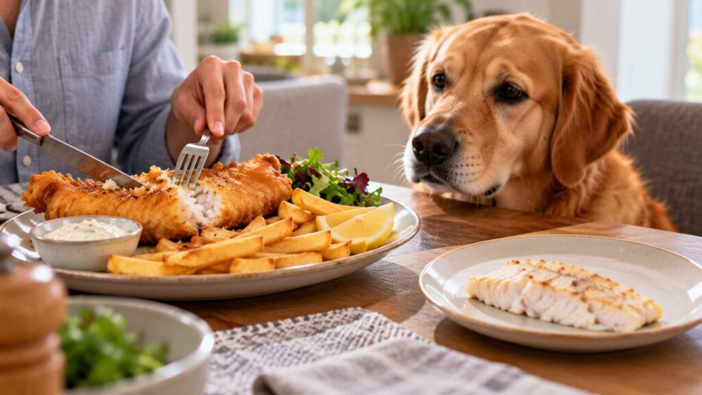 Dog looking at fried battered fish beside a small piece of plain cooked fish