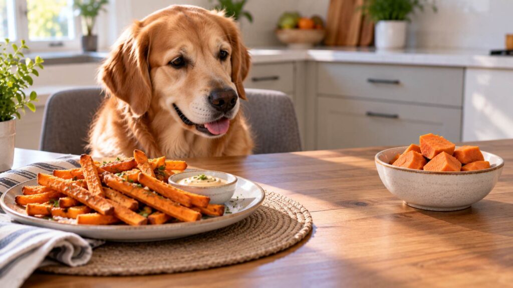Dog beside seasoned sweet potato fries and plain baked sweet potato pieces