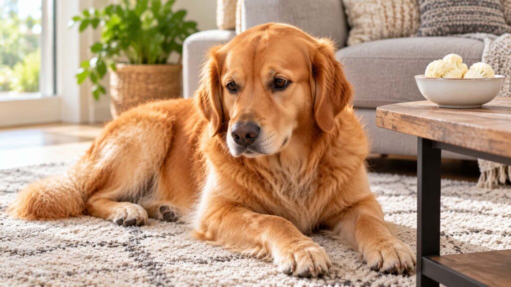 Golden retriever resting comfortably on a living room rug near a small bowl of plain cauliflower.