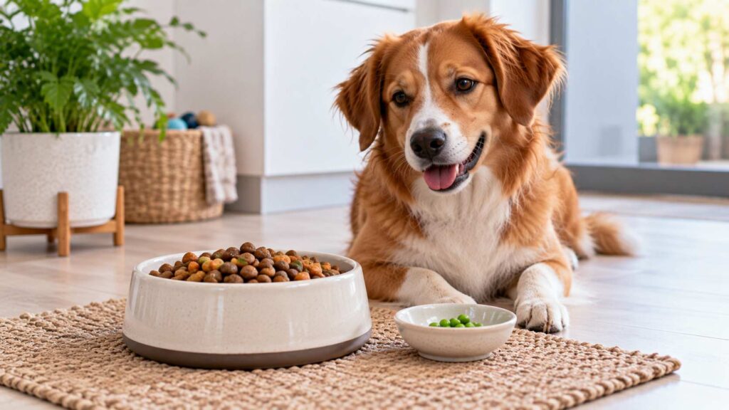 Complete dog food meal with a small separate portion of plain green peas as an optional treat