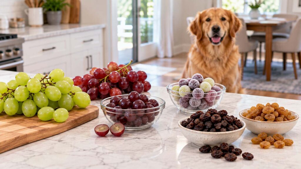 Fresh green and red grapes, frozen grapes, raisins and sultanas displayed away from a dog