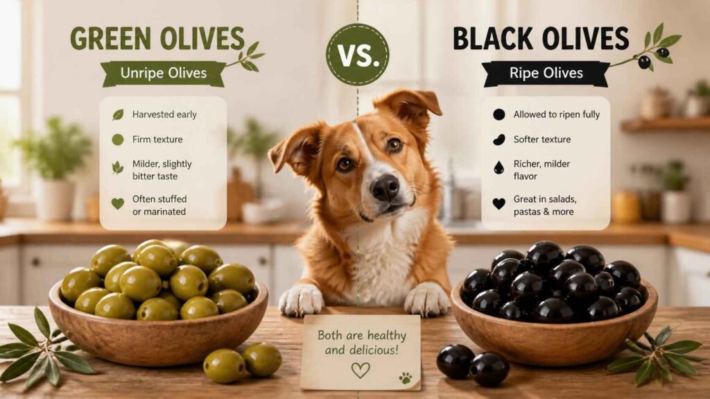 Comparison of green olives and black olives beside a curious dog in a kitchen environment