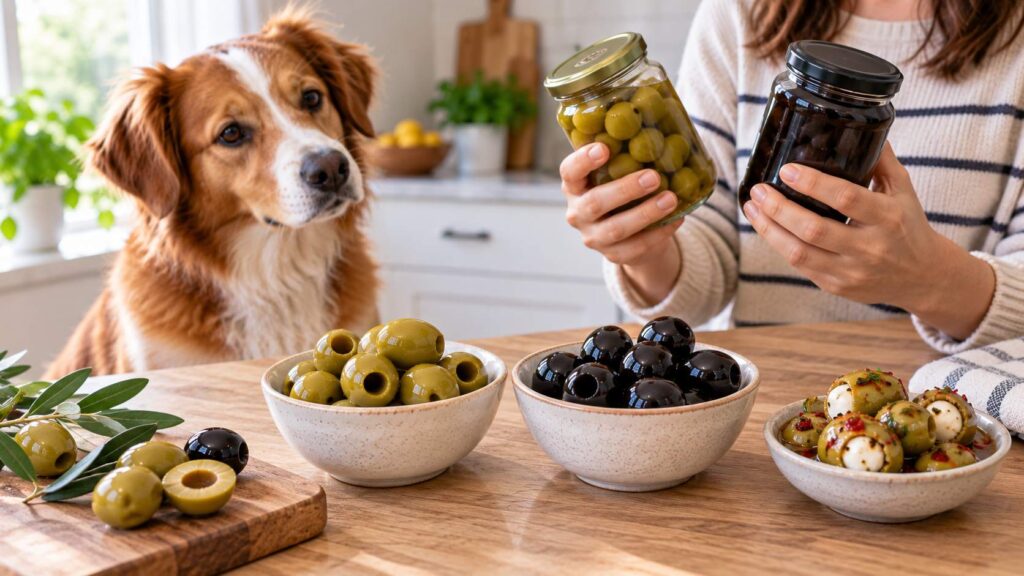 Green and black olives beside jars showing different preparations for dogs