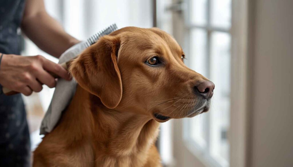 Fox Red Labrador being brushed indoors with grooming tools nearby
