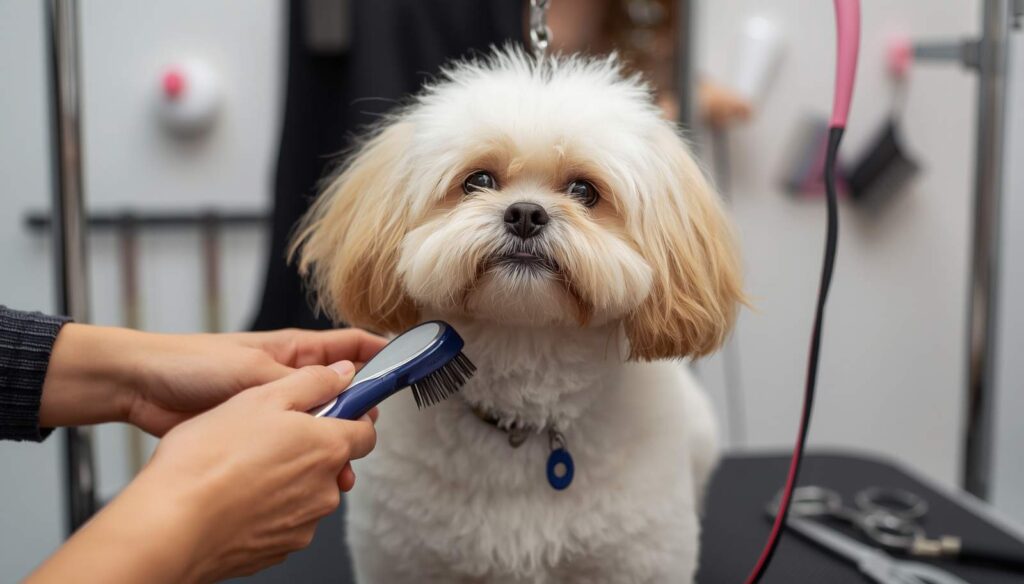 Professional grooming session for a fluffy Cavapoochon using brushes and grooming tools.