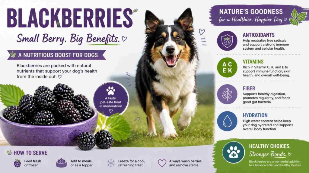 Healthy dog with fresh blackberries showing antioxidants vitamins and fiber benefits for dogs