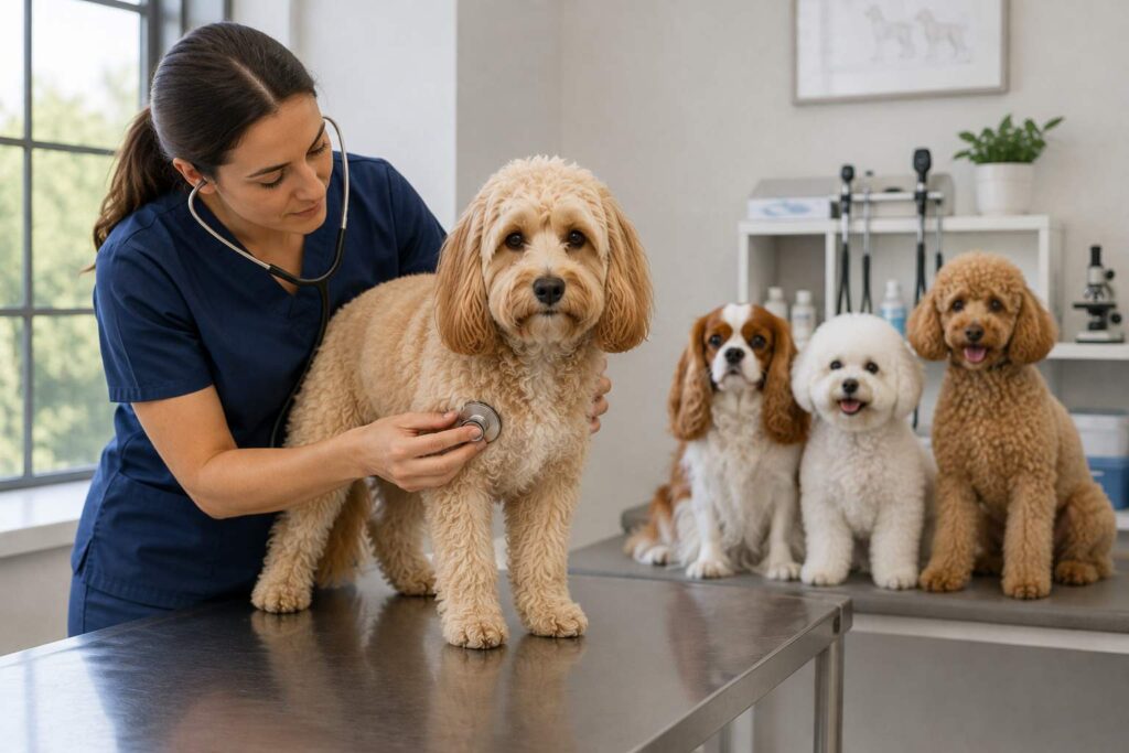 Cavapoochon Breed Guide health illustration showing a veterinarian examining a Cavapoochon with its parent breeds represented nearby