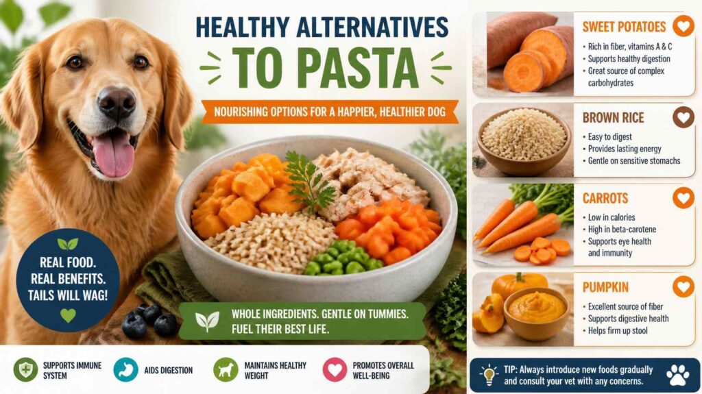Healthy dog-friendly foods like sweet potatoes pumpkin carrots and brown rice beside a happy dog