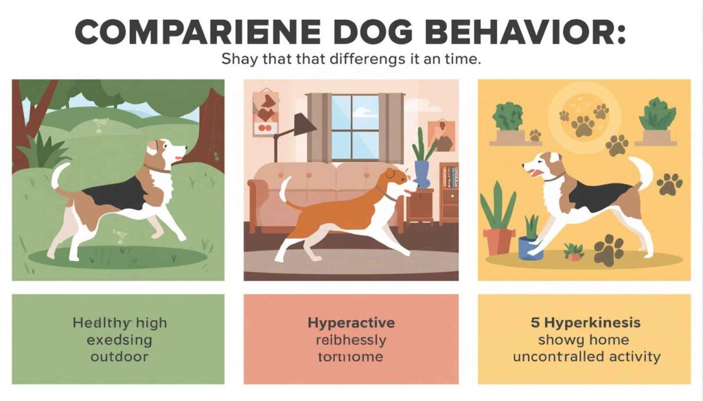 Comparison infographic showing normal high-energy dogs and hyperactive dog behavior.