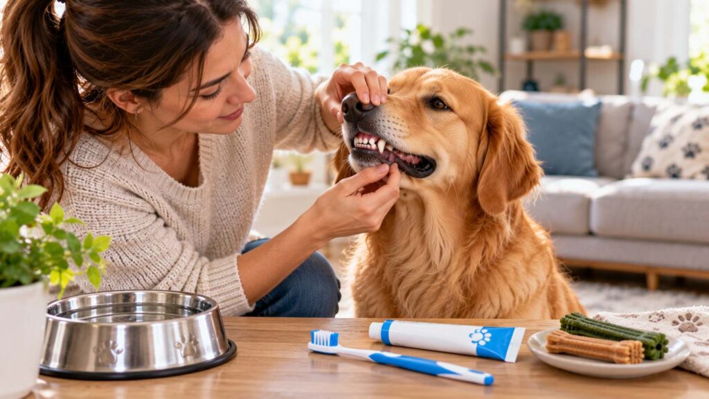 Dog owner checking a Golden Retriever's teeth with dental care supplies nearby