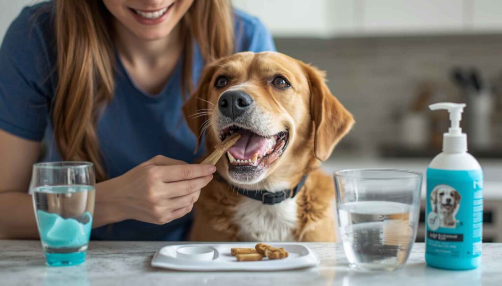 Dog owner using home remedies and dental care products to improve dog breath