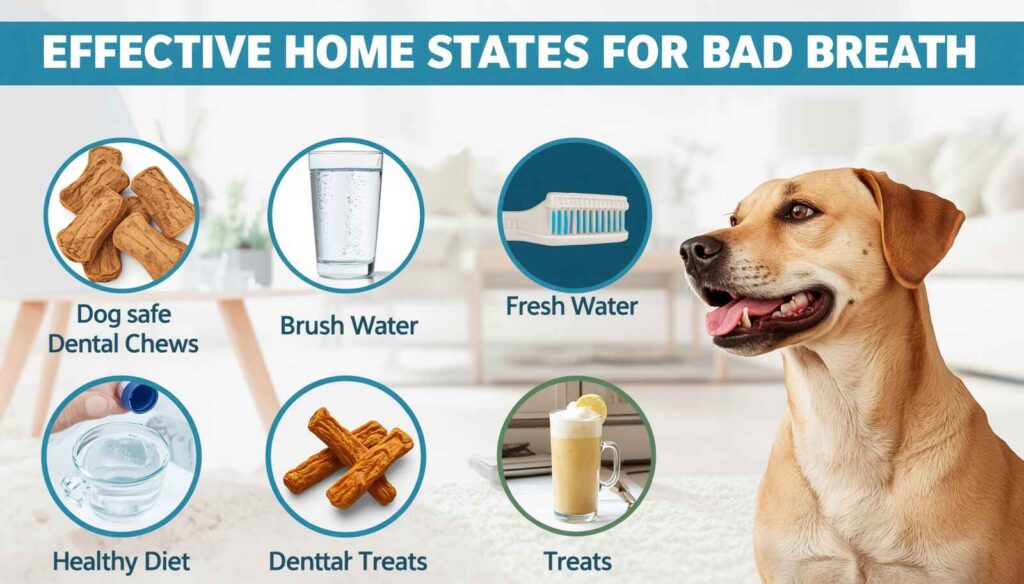 Dog with dental chews toothbrush and fresh water for better oral health
