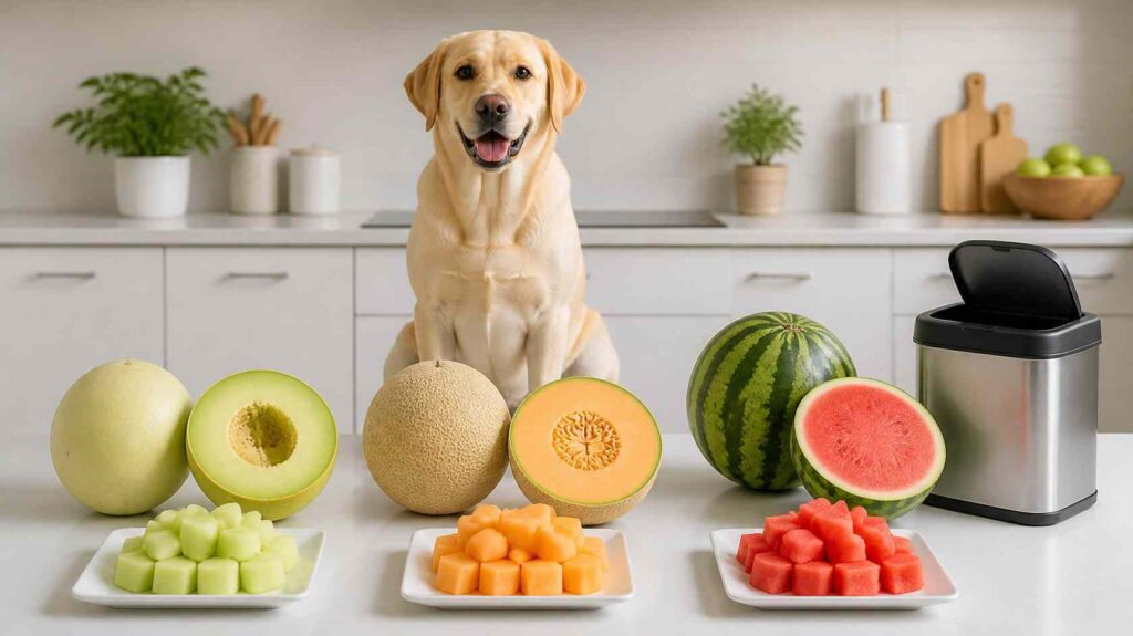 Fresh honeydew, cantaloupe, and watermelon prepared as small seedless cubes beside a healthy dog for safe comparison