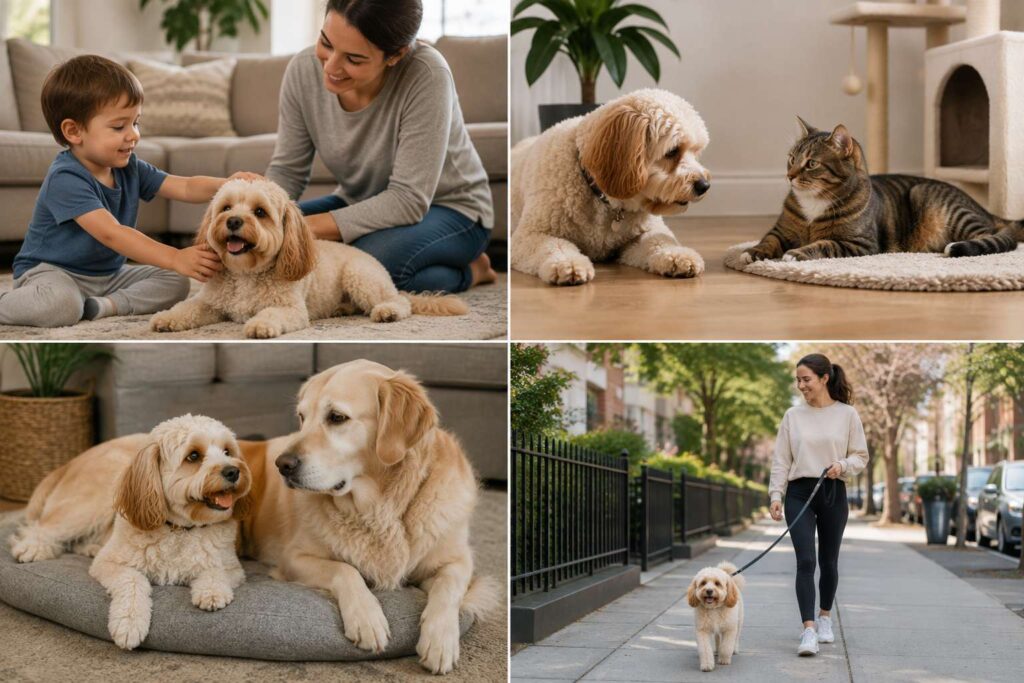 Cavapoochon interacting safely with a child, cat and another dog in different household situations