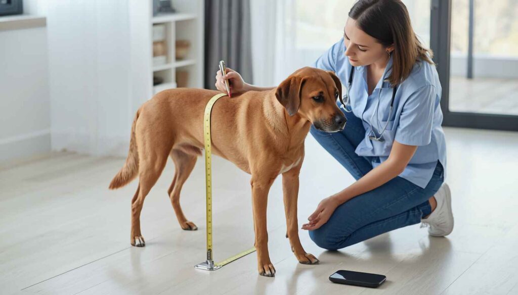 Owner measuring an adolescent dog's height to check whether the dog has stopped growing