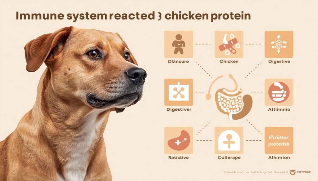 Educational image showing dog immune reaction to chicken protein