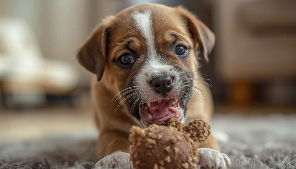 Cute teething puppy chewing on a toy indoors during the puppy teething stage