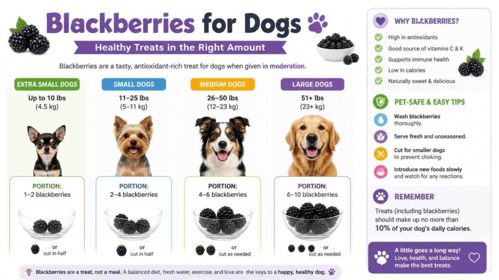Measured portions of blackberries beside dogs showing safe serving sizes for dogs