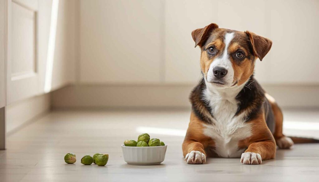 A dog sitting next to a bowl of Brussels
sprouts on the floor