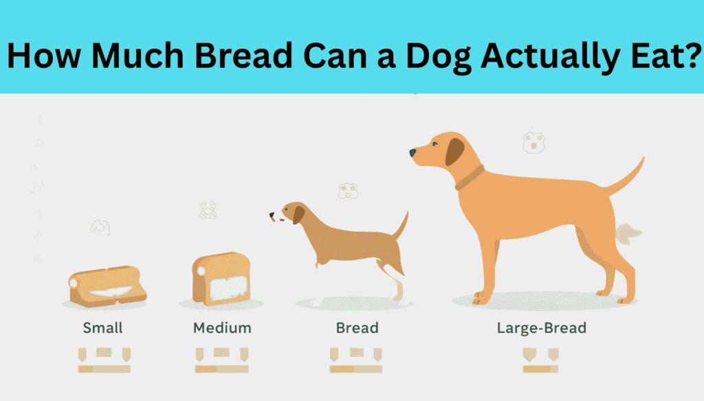 Bread portions displayed beside small medium and large dogs