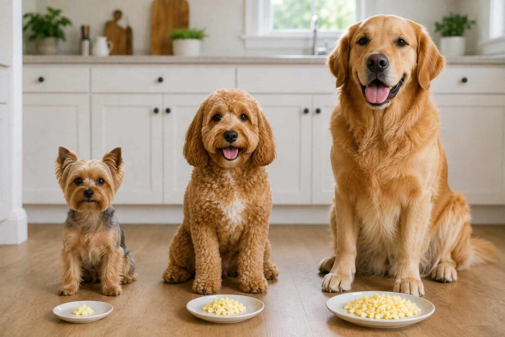 Can dogs eat eggs in the same amount? Small, medium, and large dogs shown with different portions of cooked egg