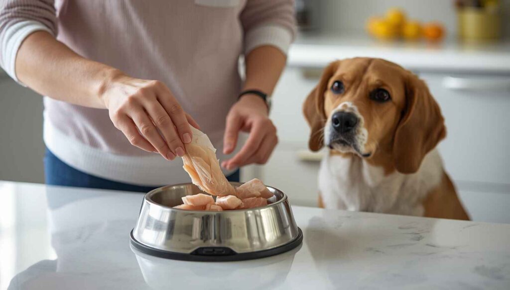 Dog eating small portion of fish showing safe serving size for dogs
