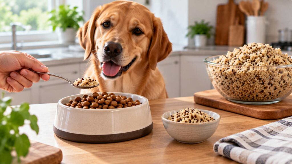 Small spoonful of cooked quinoa beside a dog's regular complete meal