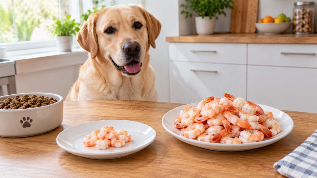 Labrador sitting beside two plates showing a small serving of cooked prawn pieces and a much larger portion.