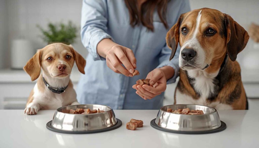 Small portion of plain cooked lamb served as a treat beside a dog's complete meal