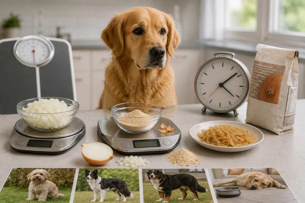 Can dogs eat onions? Onion pieces, onion powder, kitchen scale and clock showing factors used to assess a dog's onion exposure.