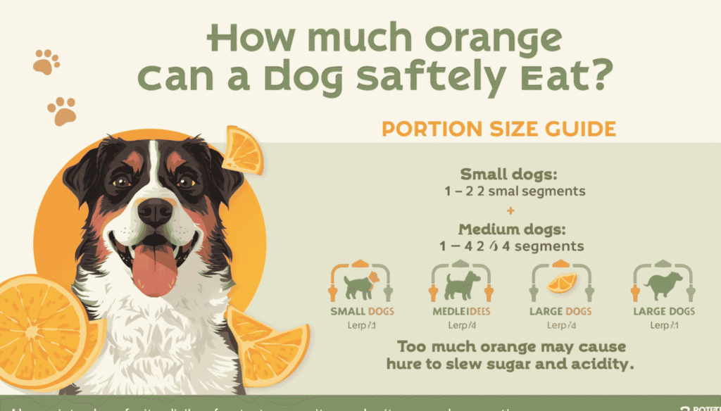 Dog with orange wedges and portion guide explaining safe orange serving sizes for small, medium, and large dogs.