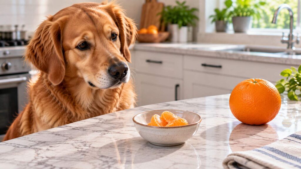 Can Dogs Eat Oranges in small amounts shown by a dog beside a tiny serving of peeled orange pieces.