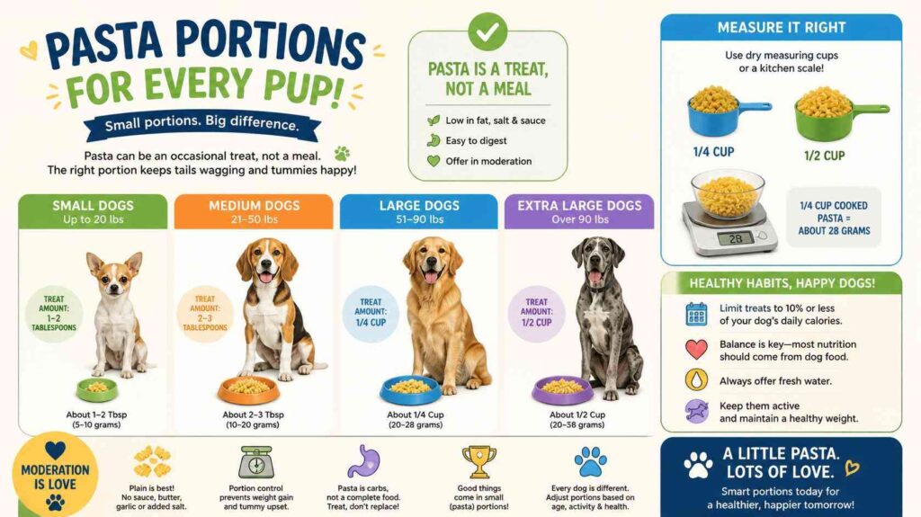 Small portions of cooked pasta beside dogs showing healthy serving sizes for dogs
