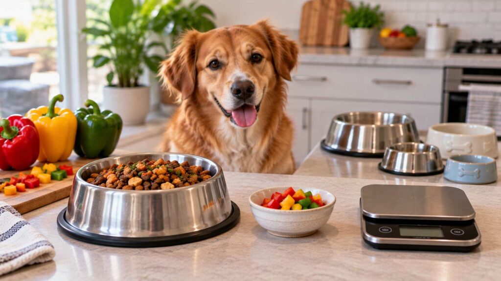 Dog beside a normal meal, small bell pepper portion and kitchen scale