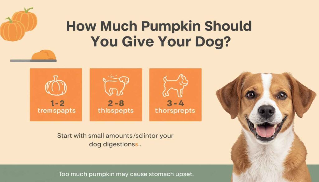 Dog beside pumpkin puree with portion guide for small, medium, and large dogs explaining safe pumpkin serving sizes.