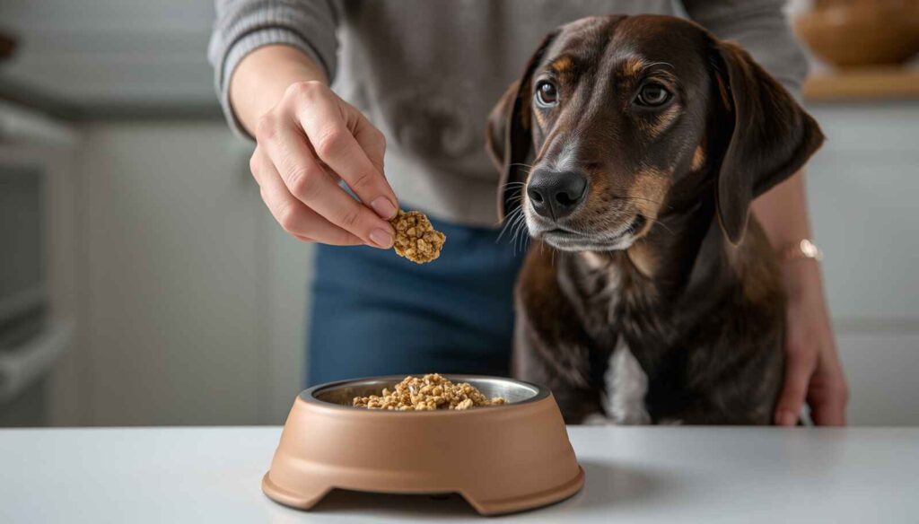 Pet owner serving small portion of quinoa to dog showing proper portion size for dogs