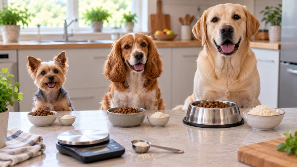 Small, medium and large dogs beside measured portions of plain cooked rice and complete dog meals