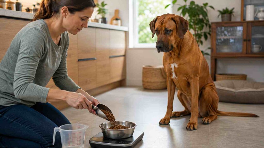 Owner weighing a Rhodesian Ridgeback's kibble on a digital kitchen scale for accurate daily portions.