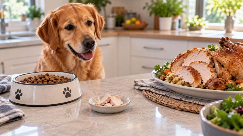 Small portion of plain cooked turkey beside a dog's regular balanced meal