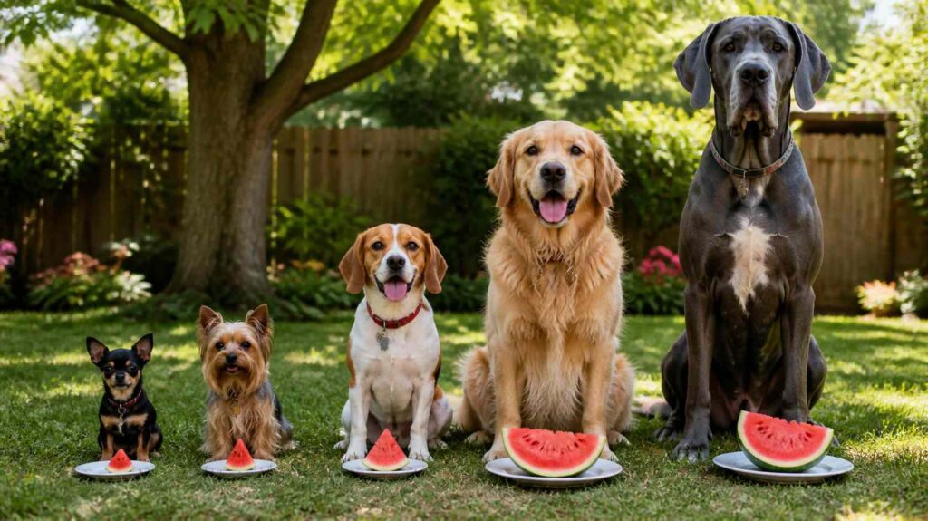 Small watermelon portions beside dogs showing healthy serving sizes for dogs