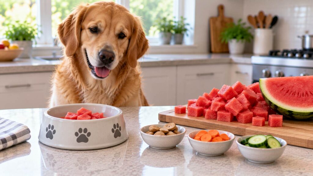 Small serving of watermelon cubes for a dog beside a larger watermelon and other treats