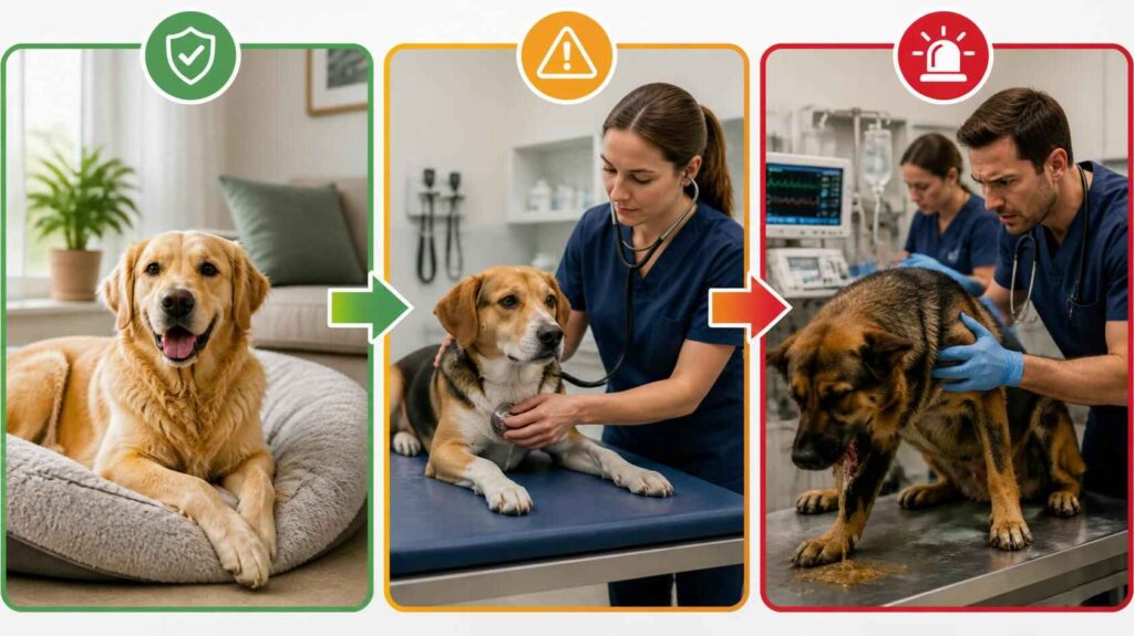Veterinary triage guide showing when to monitor a dog at home, call a vet, or seek emergency care.