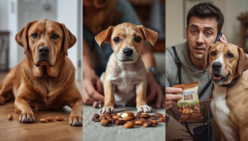 Small and large dogs shown in different almond ingestion scenarios to compare urgency and risk