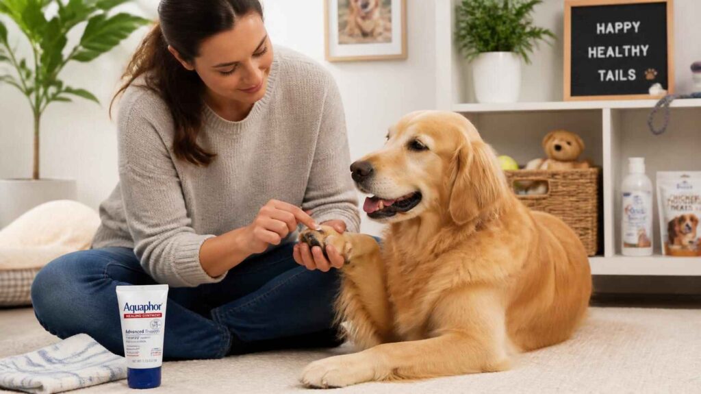 Pet owner gently applying Aquaphor to a dog’s cracked paw indoors.