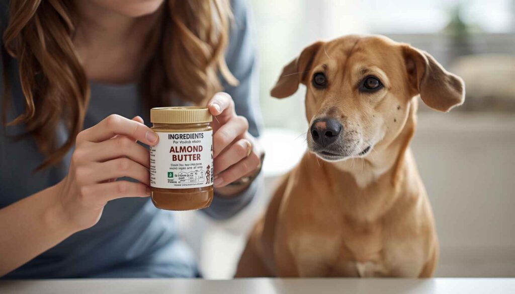 A person holding a jar of almond butter while a brown dog looks up attentively, representing how to select dog-safe almond butter