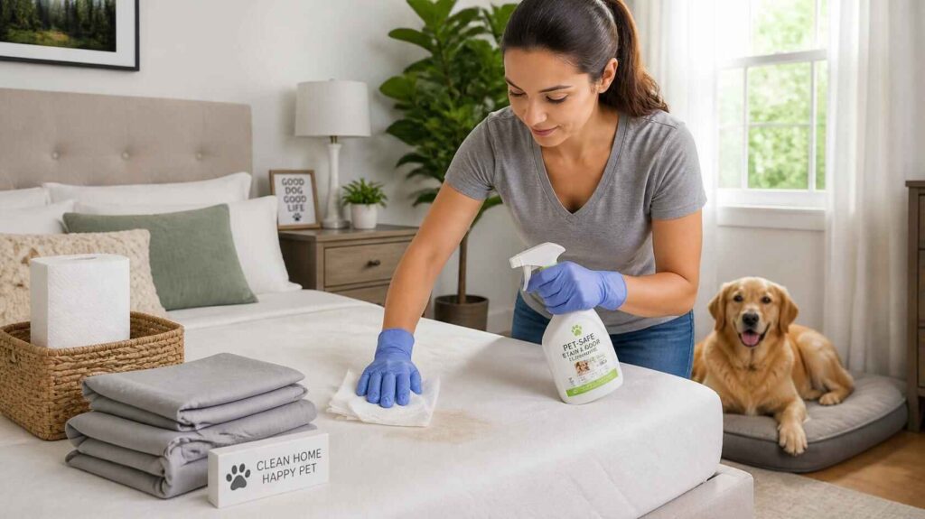 Pet owner cleaning dog urine from a mattress using pet-safe cleaning spray and towels.