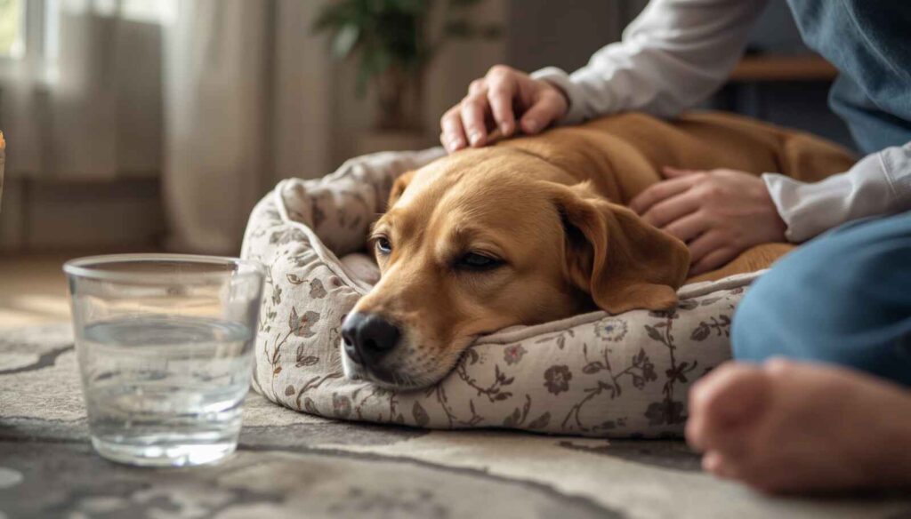 Dog resting comfortably at home with fresh water and a caring owner nearby