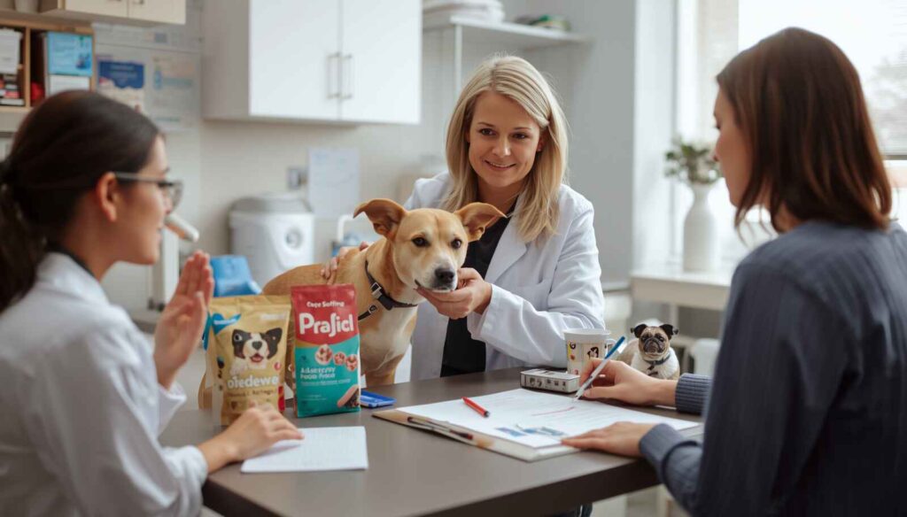 Veterinarian examining a dog for possible chicken food allergy