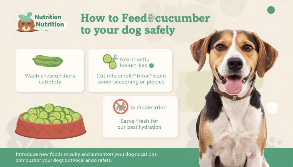 Happy dog with sliced cucumber pieces and feeding tips showing safe ways to prepare cucumber for dogs.